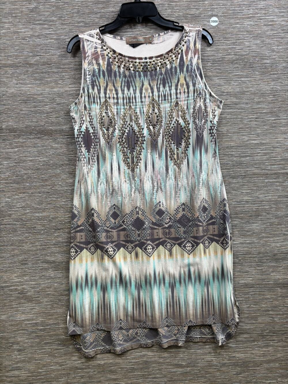 Urban Mango Studded Sleeveless Dress Womens M Boho Aztec Print Stretch Midi